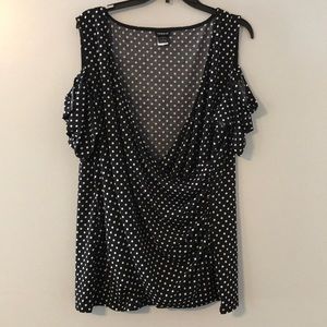 Polka dot cold shoulder v-neck top